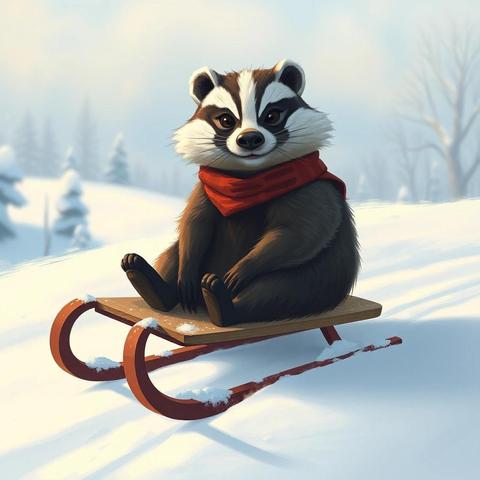 Image with seed 2459235889 generated via Stable Diffusion through @stablehorde@sigmoid.social. Prompt: an anthropomorphic badger sitting on a sled on a snowy hill