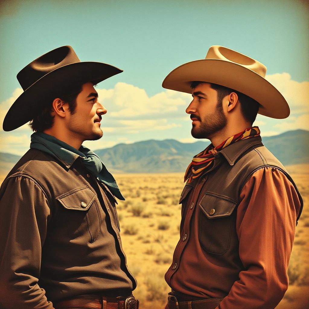 Image with seed 2312996665 generated via Stable Diffusion through @stablehorde@sigmoid.social. Prompt: a romantic kitsch poster of two gay cowboys looking at each other, very much in love, wild west