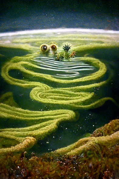 A whimsical underwater scene showing a pair of large eyes and small plants peeking above rippled water, surrounded by a spiraling path of luminous green moss against a dark, starry background.