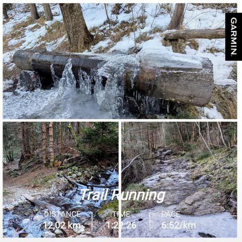 A winter nature collage showing three scenes from a forest trail. The top image shows a wooden well structure with dramatic icicle formations hanging beneath its rim, where dripping water has frozen into crystalline spikes. The bottom left image depicts a forest path alongside a partially frozen stream with rocks and fallen logs scattered throughout. The bottom right image shows a wider view of another small stream, with patches of ice forming over rocks and a winding path through bare winter trees.