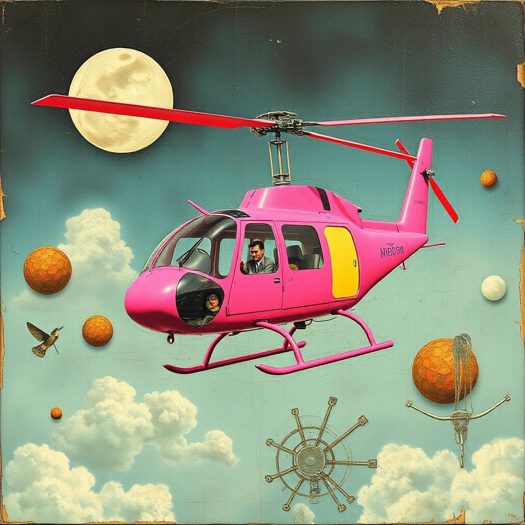 Image with seed 2581544920 generated via Stable Diffusion through @stablehorde@sigmoid.social. Prompt: think pink helicopter, surrealism, dada, mixed media, anti-art, degenerative art, kitsch, suddenly very gay, #elektrodada #fnord