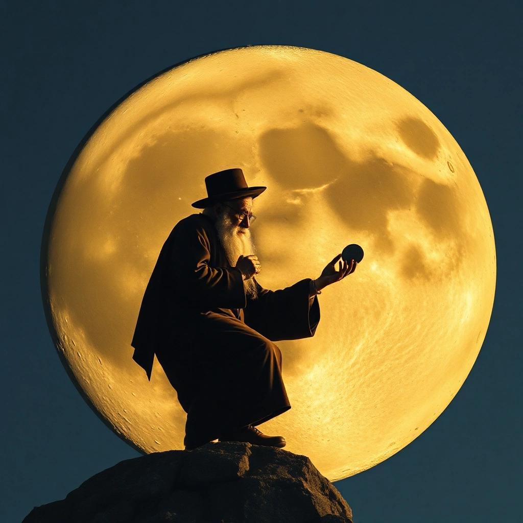 Image with seed 2835222176 generated via Stable Diffusion through @stablehorde@sigmoid.social. Prompt: a Jewish rabbi on the flat moon picking up a penny