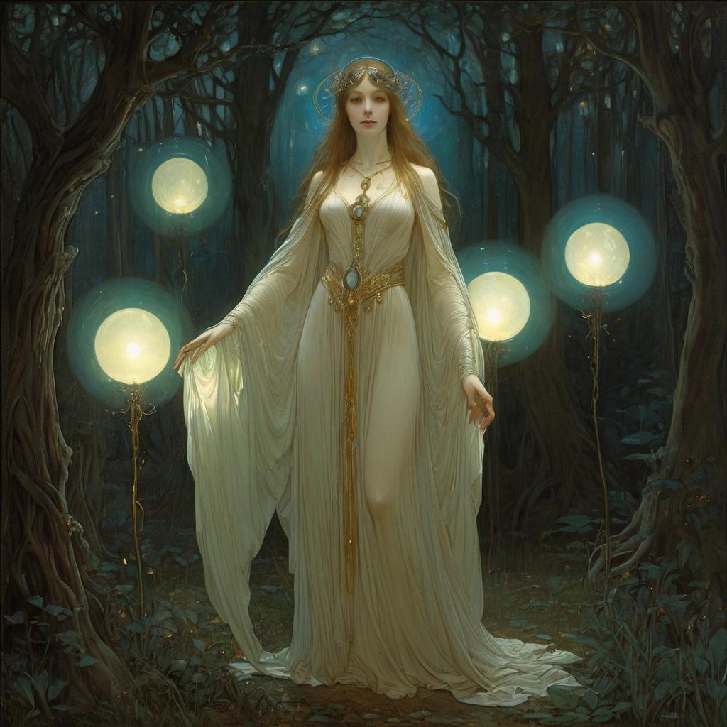 Image with seed 3772549440 generated via Stable Diffusion through @stablehorde@sigmoid.social. Prompt: Elven Priestess standing between two glowing orbs in a magical grove at night, highly detailed elegant fantasy oil on canvas very attractive beautiful award winning high definition crisp quality Alphonse Mucha Dante Gabriel Rossetti Jean-Baptiste Monge Henri de Toulouse-Lautrec Art Nouveau John William Waterhouse Moebius Brian Froud John Bauer Erté Romain De Tirtoff Michael Hutter Kunstkrake Jane Atché Jeanne Louise Marie Euphrasie Atché Amelia Bauerle 