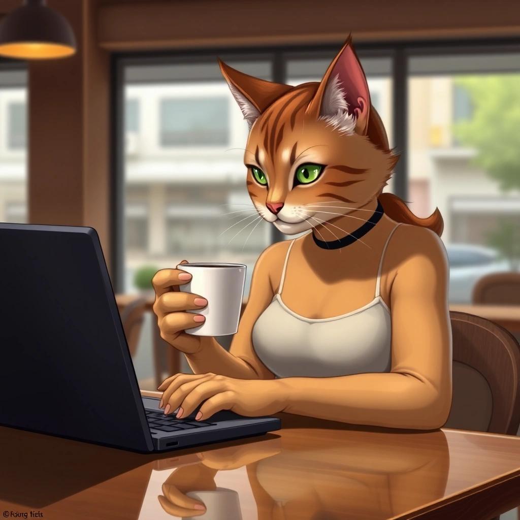 Image with seed 4227328902 generated via Stable Diffusion through @stablehorde@sigmoid.social. Prompt: an anthropomorphic cat woman sitting at a desk looking at a laptop, holding a cup of coffee with both paws. Coffee shop setting with a window behind her. Realistic.