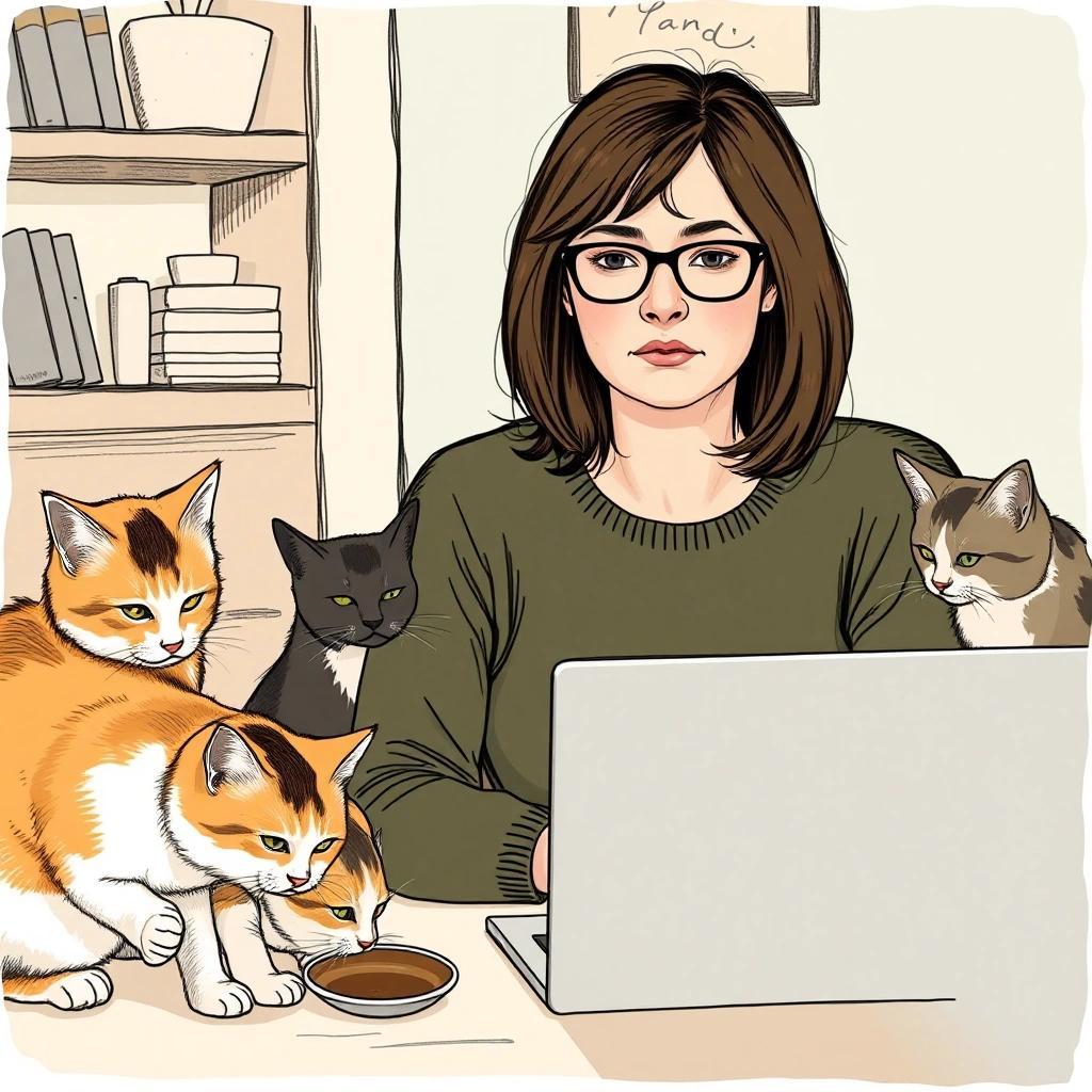 Image with seed 3785885873 generated via Stable Diffusion through @stablehorde@sigmoid.social. Prompt: a frumpy woman in her late 20s with rimmed glasses and poorly cut shoulder length hair sitting at a laptop with cats all around, one drinking her coffee.