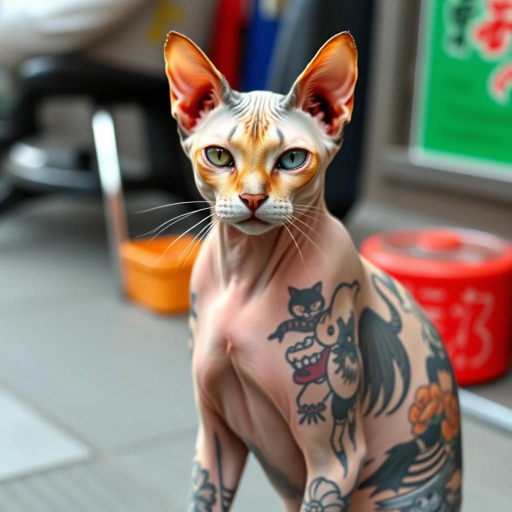 Image with seed 1212300266 generated via Stable Diffusion through @stablehorde@sigmoid.social. Prompt: a hairless cat, the cat has many full body yakuza tattoos, the cat is in Tokyo.