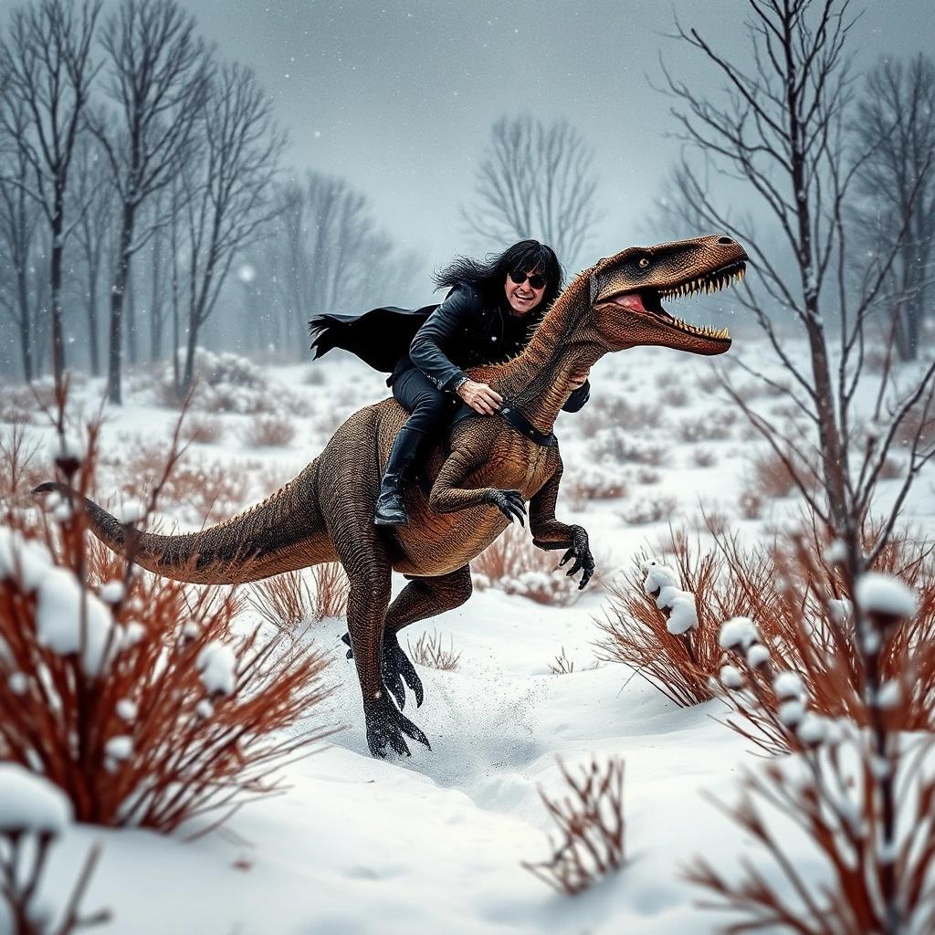 Image with seed 2025784673 generated via Stable Diffusion through @stablehorde@sigmoid.social. Prompt: Alice Cooper riding a velociraptor through the snow laden fields of Danbury Connecticutt.