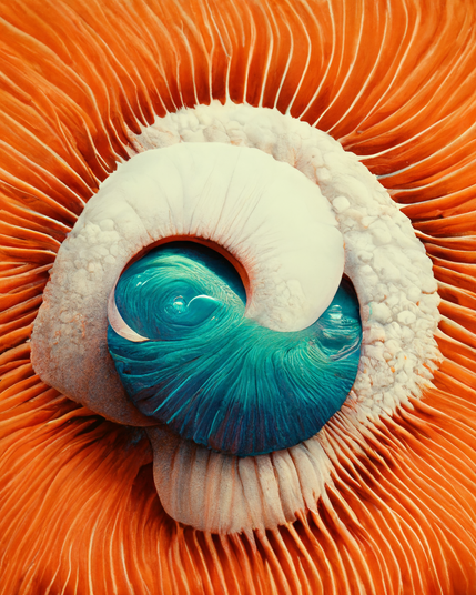 A striking spiral composition featuring a white, shell-like structure containing a swirling turquoise wave pattern, set against a background of vibrant orange ridges radiating outward. The image combines organic textures with dramatic color contrast.