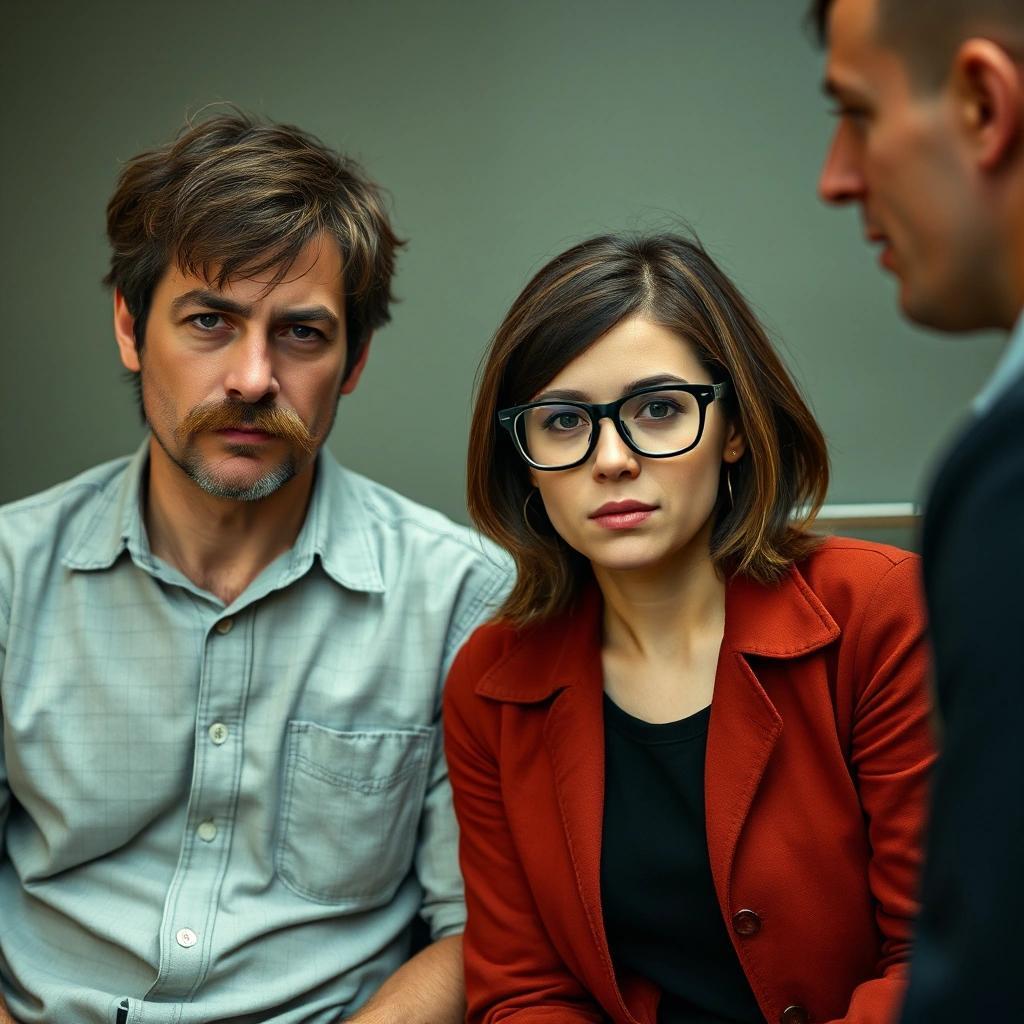 Image with seed 357633622 generated via Stable Diffusion through @stablehorde@sigmoid.social. Prompt: a frumpy unkempt hipster couple meeting with their cia handler.The man having greasy hair and a hipster mustache. The woman with poorly cut shoulder length hair and wide framed glasses