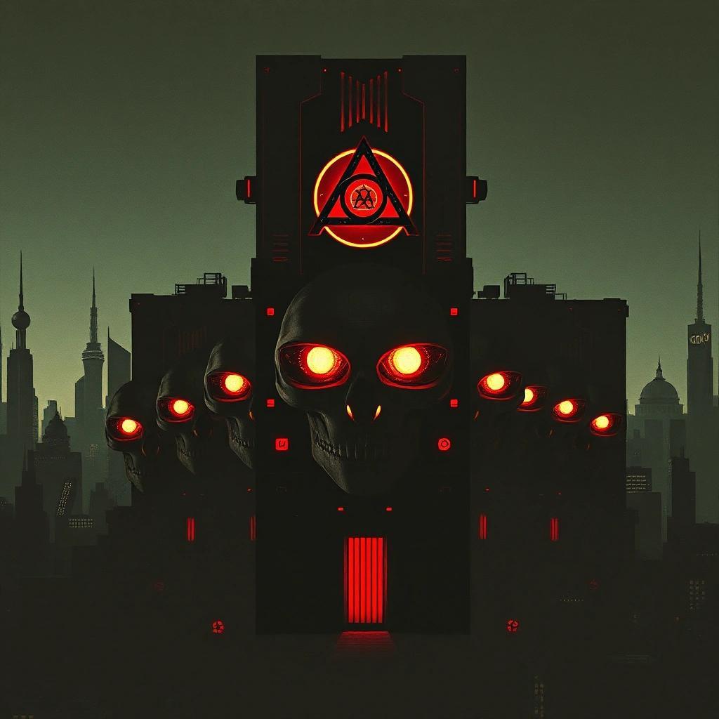 Image with seed 3272639548 generated via Stable Diffusion through @stablehorde@sigmoid.social. Prompt: Illuminati is the machine. Faces. Scared witches. Blocks of neo-futurism. Group of eyes. Retro futuristic science fiction pulp art.dark silhouette cityscape skyline. cosmic eyes in the shadows. shadow eyes. Eyes. Yes eyes, the things you see with. Brutalist framework building. People from the deep. H r. Giger machines.