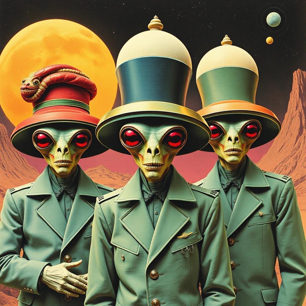 Image with seed 2408632589 generated via Stable Diffusion through @stablehorde@sigmoid.social. Prompt: diplomatic delegation from the Planet of Silly Hats, surrealism, elektrodada, 1960s science fiction, psychedelic, weird humanoid aliens, space opera