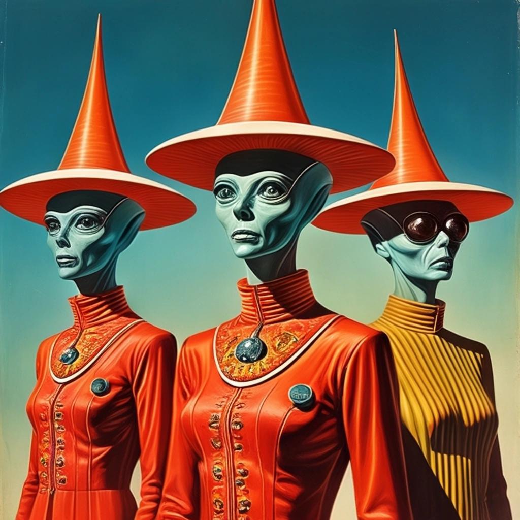 Image with seed 3240388894 generated via Stable Diffusion through @stablehorde@sigmoid.social. Prompt: diplomatic delegation from the Planet of Silly Hats, surrealism, elektrodada, 1960s science fiction, psychedelic, weird humanoid aliens, space opera 