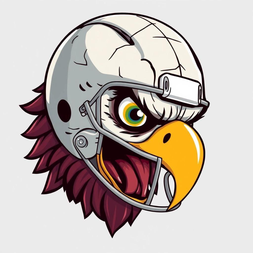 Image with seed 2044396519 generated via Stable Diffusion through @stablehorde@sigmoid.social. Prompt: a cartoonish cross eyed drooling eagle wearing a cracked football helmet