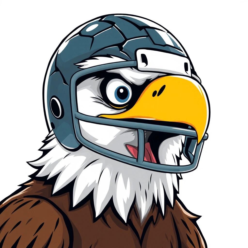 Image with seed 2044396519 generated via Stable Diffusion through @stablehorde@sigmoid.social. Prompt: a cartoonish cross eyed drooling eagle wearing a cracked football helmet