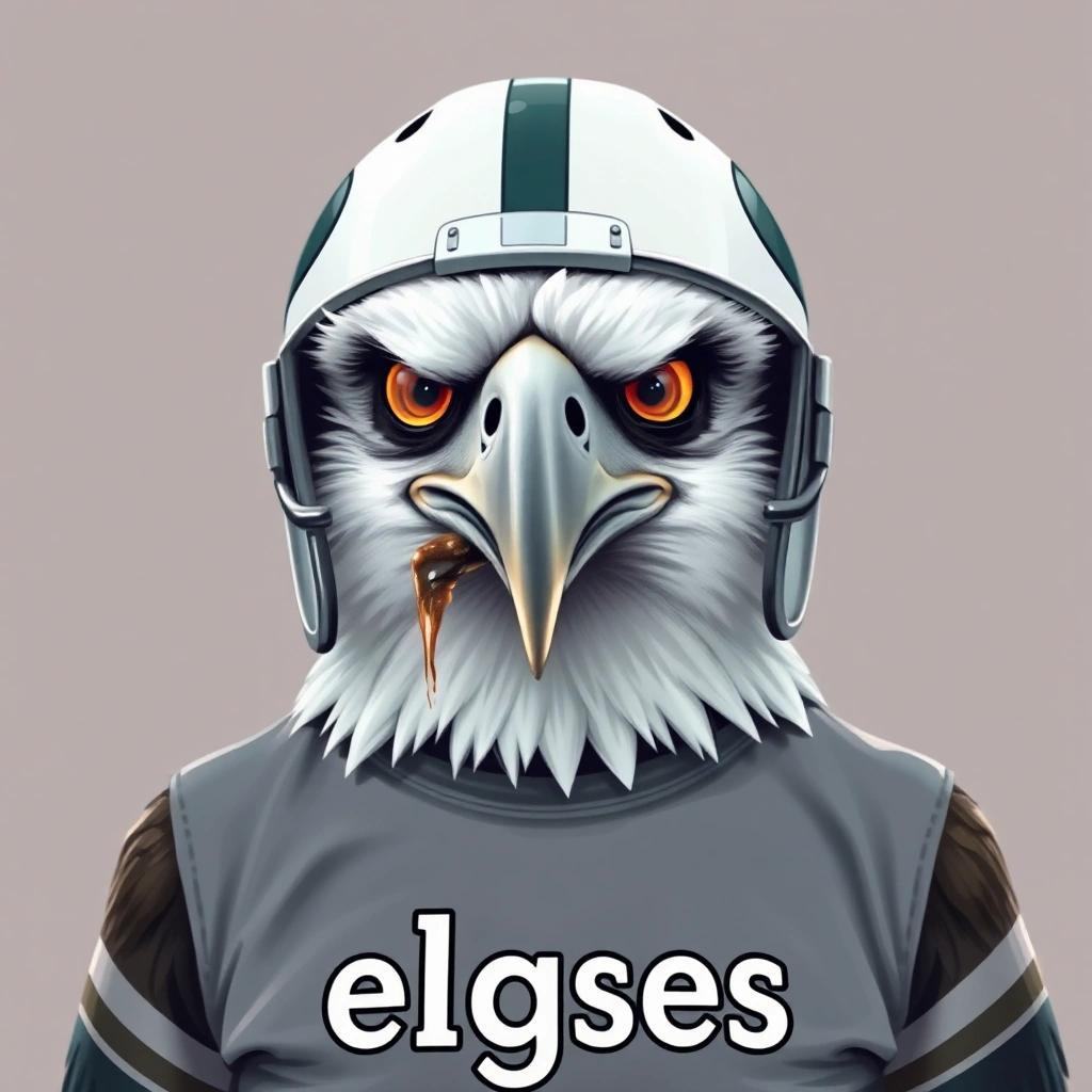 Image with seed 2776022467 generated via Stable Diffusion through @stablehorde@sigmoid.social. Prompt: a special needs eagle with a football helmet, comical crossed eyes, and drool coming from its mismatched beak wearing a t-shirt with the word elgses on the front