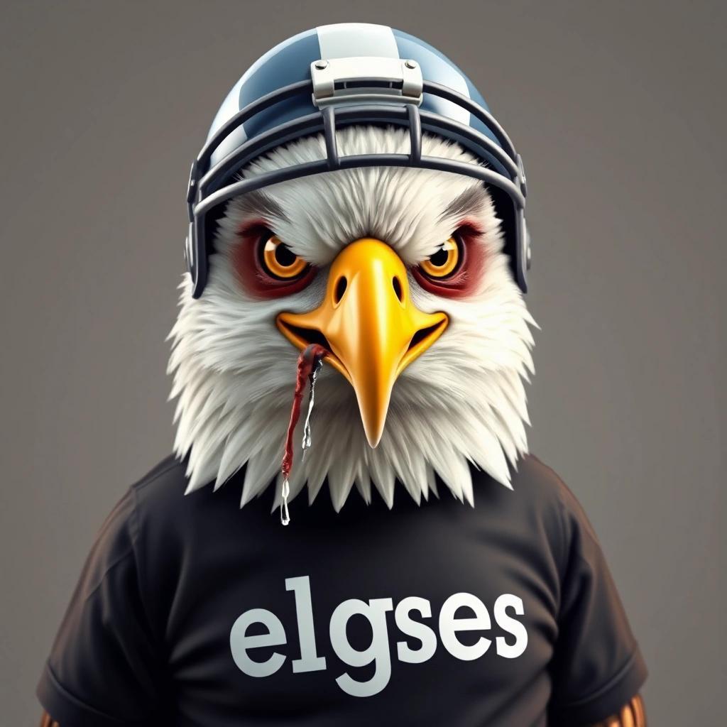 Image with seed 2776022467 generated via Stable Diffusion through @stablehorde@sigmoid.social. Prompt: a special needs eagle with a football helmet, comical crossed eyes, and drool coming from its mismatched beak wearing a t-shirt with the word elgses on the front