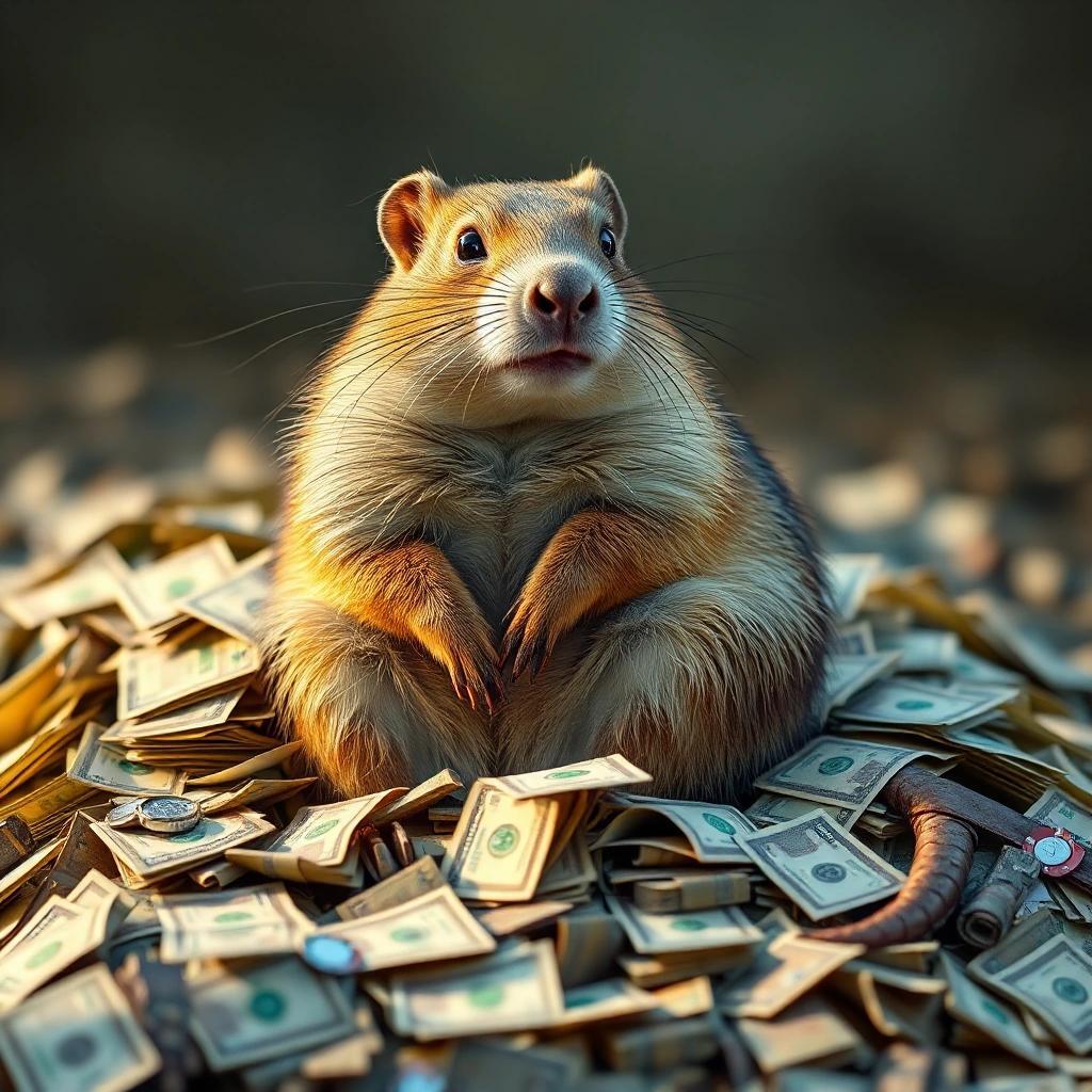 Image with seed 2707451962 generated via Stable Diffusion through @stablehorde@sigmoid.social. Prompt: Elongated Muskrat sitting on a pile of money