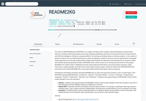 Readme2KG Challenge website screen shot:
The vision of NFDI4DataScience (NFDI4DS) is to support all steps of the complex and interdisciplinary research data lifecycle, including collecting/creating, processing, analyzing, publishing, archiving, and reusing resources in Data Science and Artificial Intelligence. GitHub is a popular platform for hosting and collaborating on software projects. In the context of research, authors can use GitHub repositories to share the datasets, models, and source code of experiments in the paper. These repositories can provide implementation details and facilitate the exploration and reproduction of research results. Each GitHub repository typically includes a README.md file, which serves as an introductory document for the project. READMEs are usually written in Markdown format and provide key information such as the project’s purpose, setup instructions, usage examples, and often links to the original research paper. Aiming to enhance the NDFI4DS-KG[1] with information from GitHub README files, a fine-grained Named Entity Recognition task is proposed.