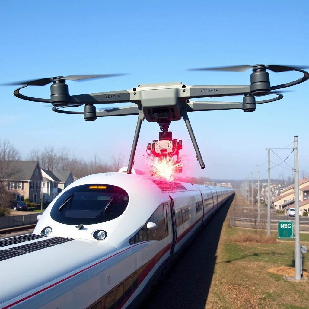 Image with seed 4000739671 generated via Stable Diffusion through @stablehorde@sigmoid.social. Prompt: a high speed rail train colliding with a 8 copter drone the size of a school bus in the setting of a new jersey suburb