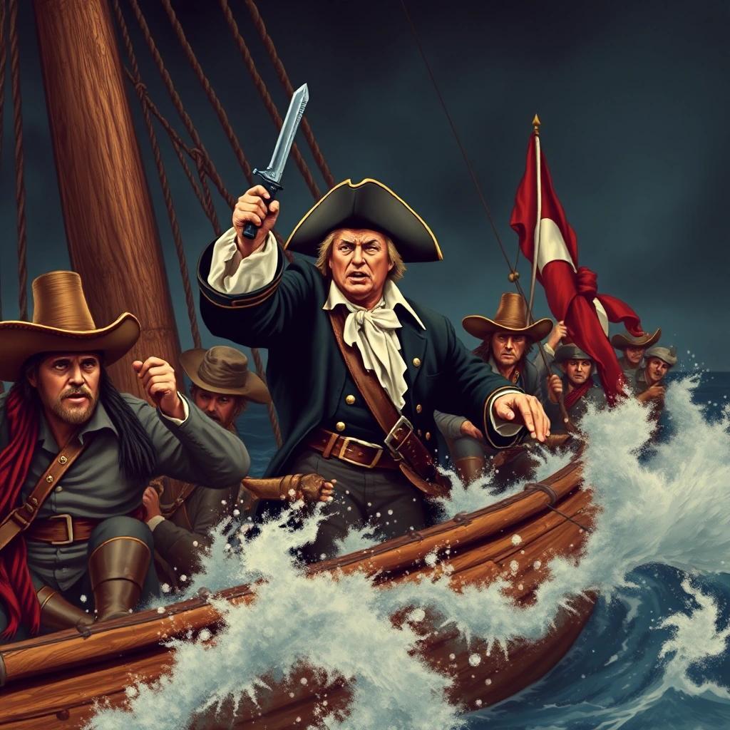 Image with seed 3331685351 generated via Stable Diffusion through @stablehorde@sigmoid.social. Prompt: a Victorian style picture of pirate Captain Donald Trump and his crew raiding a boat full of Mexican cartel members wearing hats and cowboy boots.