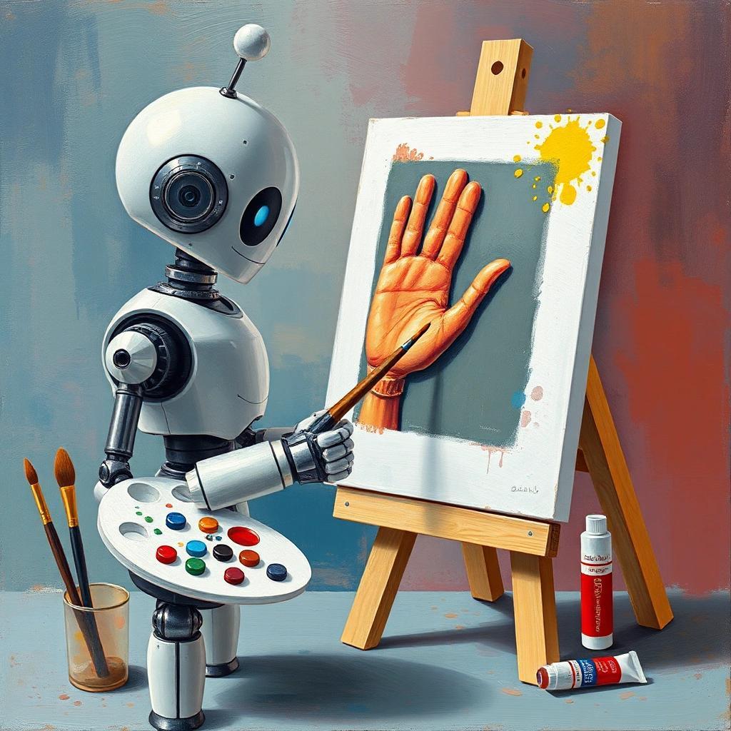 Image with seed 1385663296 generated via Stable Diffusion through @stablehorde@sigmoid.social. Prompt: A cute robot painting a picture of a human hand on an easel, paintbrushes, pallette, oil paint in tubes