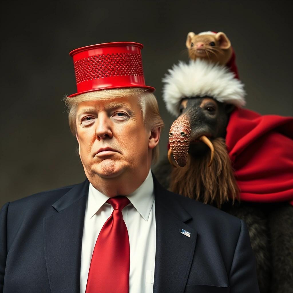 Image with seed 3106972116 generated via Stable Diffusion through @stablehorde@sigmoid.social. Prompt: Donald Trump wearing a red pasta strainer on his head standing next to vermin supreme.