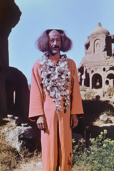 A surreal image of a man with an unusual hairstyle, where the top of his head appears flat and his hair extends outward in a wild, voluminous manner. He has a calm expression, a neatly trimmed beard, and wears a flowing orange robe adorned with a garland of large white flowers. The background features ancient-looking stone structures under a clear sky, enhancing the dreamlike and mystical atmosphere of the scene.

