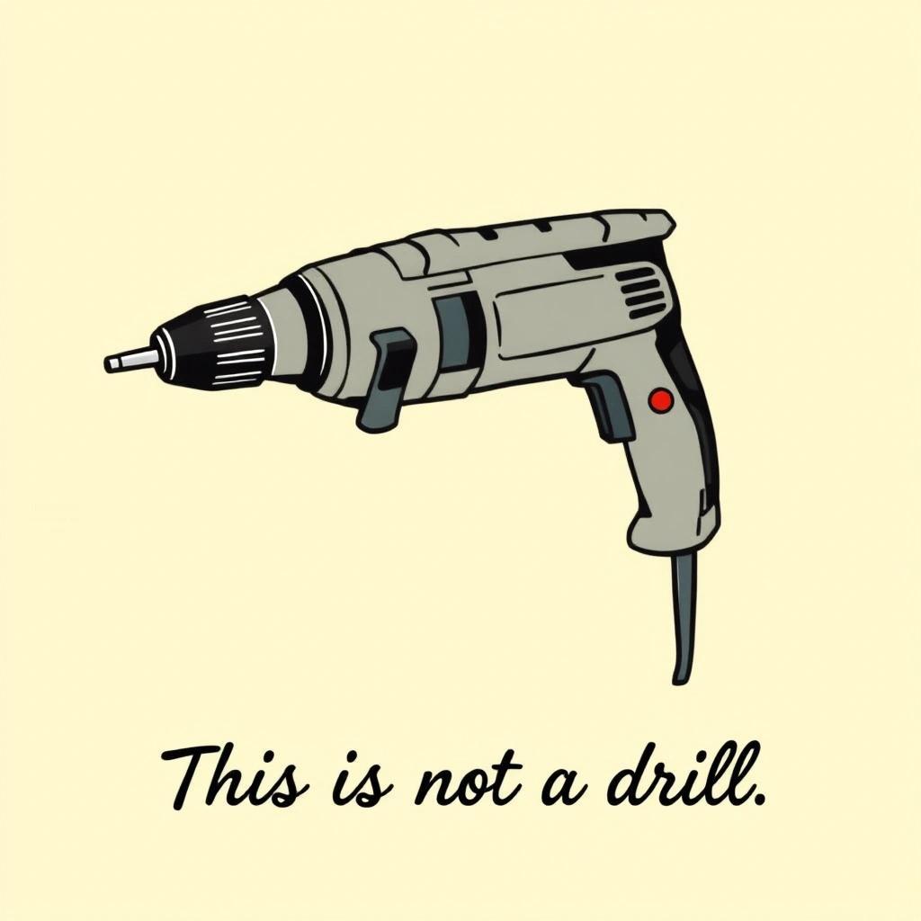 Image with seed 122112587 generated via Stable Diffusion through @stablehorde@sigmoid.social. Prompt: A vector art illustration of an electric drill, pale yellowish background, with a text caption below the image in cursive script: This is not a drill.