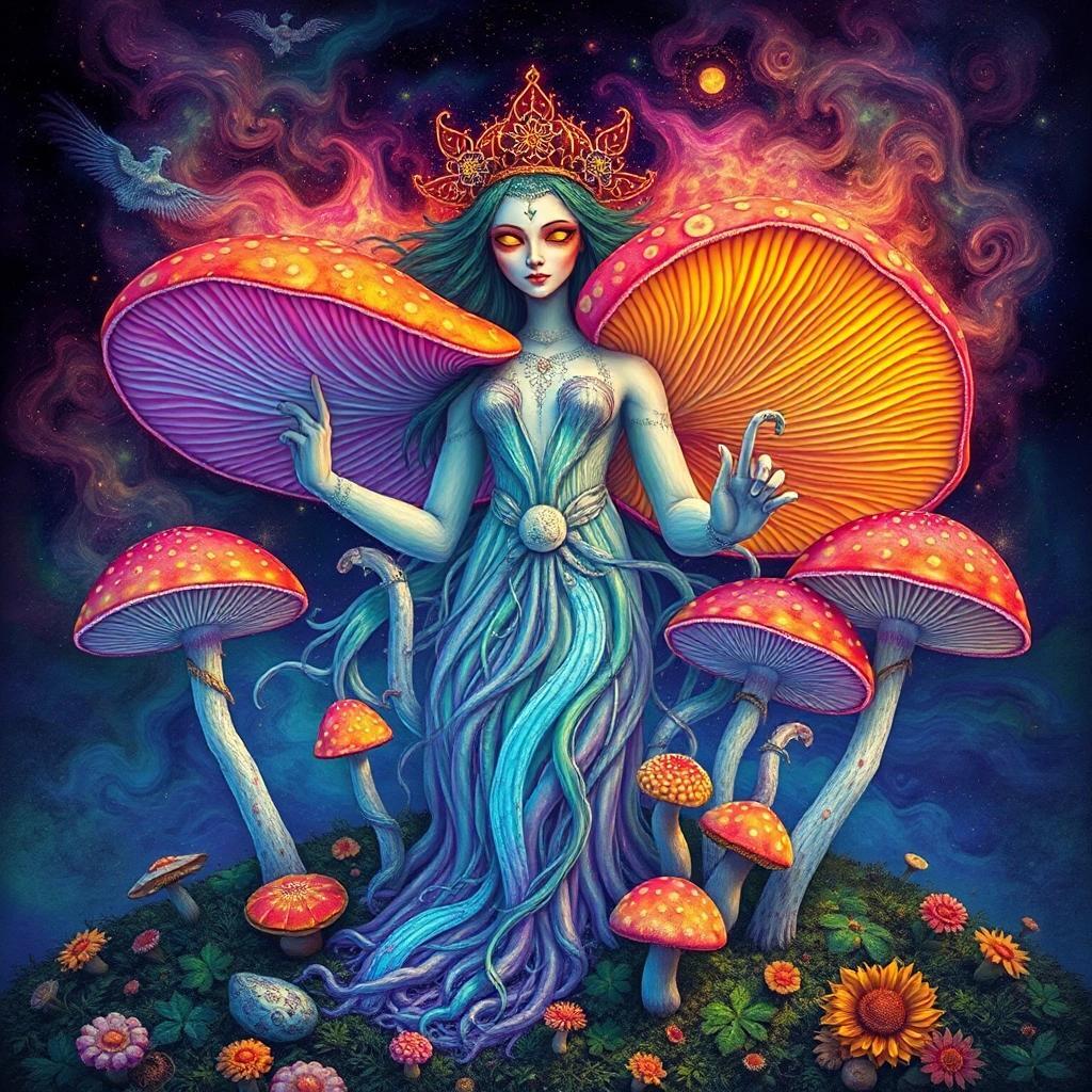 Image with seed 2081424525 generated via Stable Diffusion through @stablehorde@sigmoid.social. Prompt: Mother Mycelia, Mushroom Goddess, fantasy, psychedelic surrealism, rainbow colours, pagan, witch, wicca, magic mushrooms, mycelium, fertile, opulent, hippie