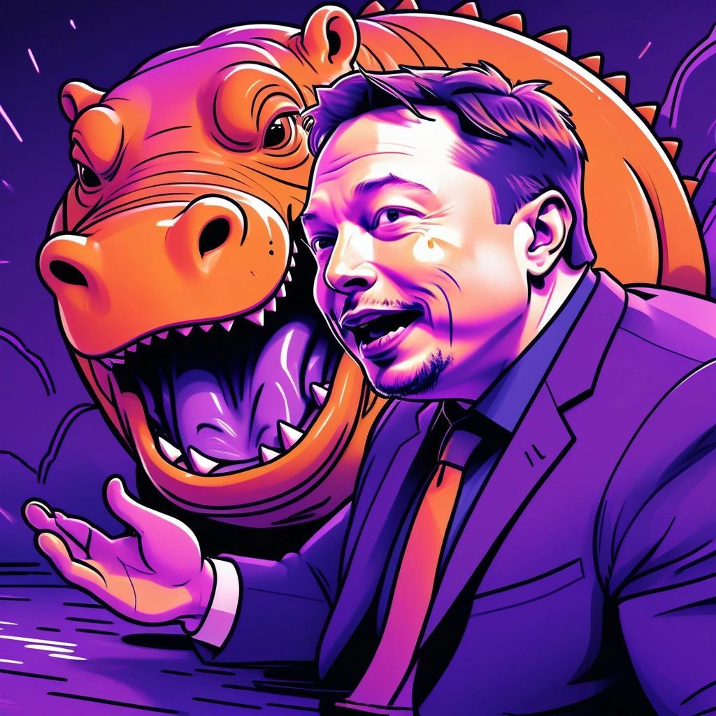 Image with seed 1251833748 generated via Stable Diffusion through @stablehorde@sigmoid.social. Prompt: impressionist purple and orange comickbook illustration depicting closeup of Elon Musk being mauled by a hippopotamus. , dark shading, bold outlines, thick outlines, creepy, eerie, scary, horror###