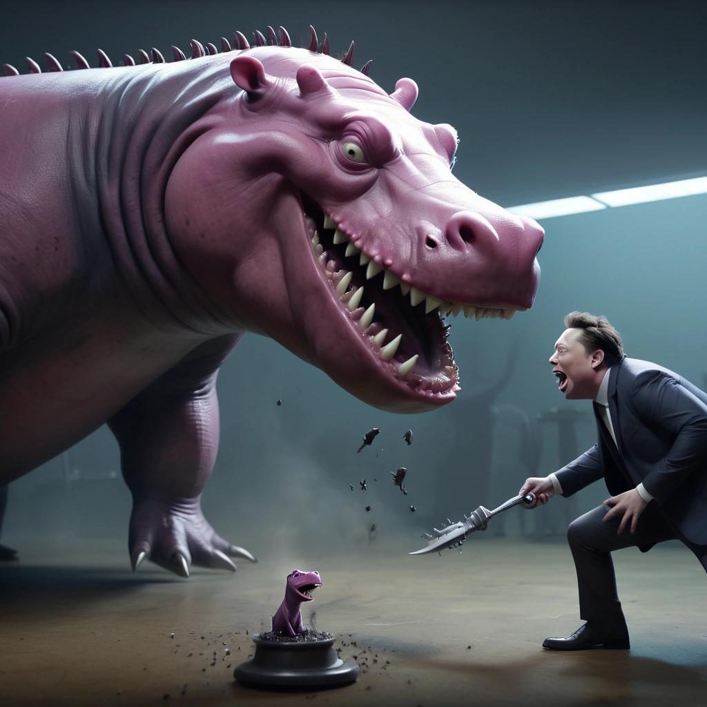 Image with seed 1814729017 generated via Stable Diffusion through @stablehorde@sigmoid.social. Prompt: a hippopotamus mauling Elon Musk.  . nightmare by Tim Burton, monster-like, cinematic lighting, trending on artstation, creepy digital art###