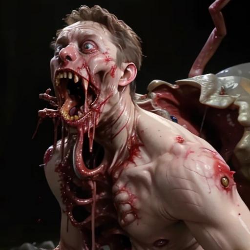 Image with seed 51786925 generated via Stable Diffusion through @stablehorde@sigmoid.social. Prompt: elon musk being devoured alive by maggots. , body horror, mutation, blood, reelhorror, dripping, trash###, cropped, out of focus, monochrome, symbol, text, logo, window frame, mirror frame