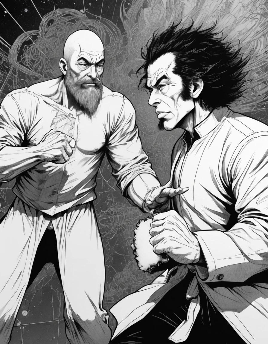 Image with seed 2329129481 generated via Stable Diffusion through @stablehorde@sigmoid.social. Prompt: (manga, heavy outlines, thick linework, monochrome, flat, black and white:1.2), peter kropotkin punching elon musk. ###(3d, color)
