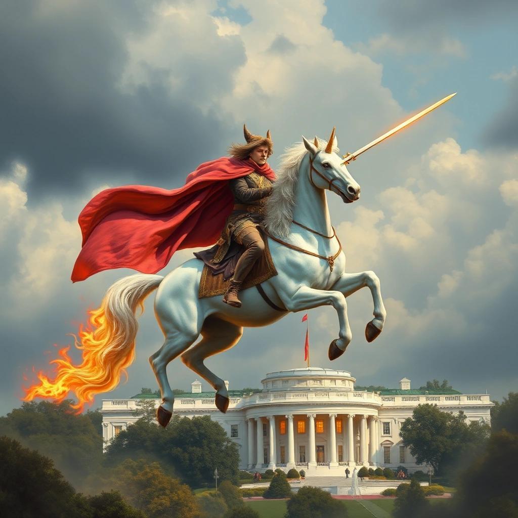 Image with seed 2581975092 generated via Stable Diffusion through @stablehorde@sigmoid.social. Prompt: peter kropotkin riding a flying unicorn over dc, pointing a flaming sword at the white house