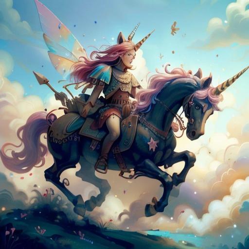 Image with seed 2895037665 generated via Stable Diffusion through @stablehorde@sigmoid.social. Prompt: the unicorn cavalry. their colors are black and red. there are many of them, and they are flying around distributing food. , fairytaleai