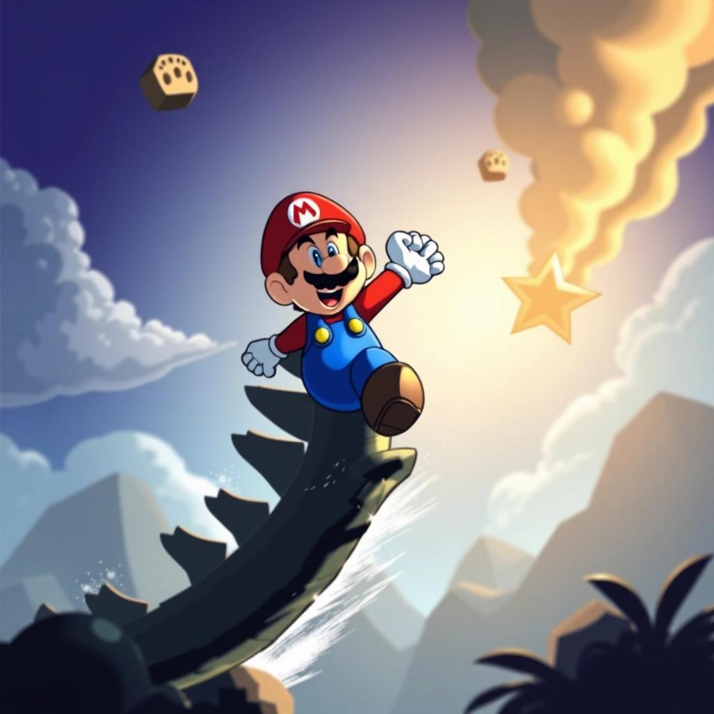 Image with seed 2553777744 generated via Stable Diffusion through @stablehorde@sigmoid.social. Prompt: mario jumping on godzilla