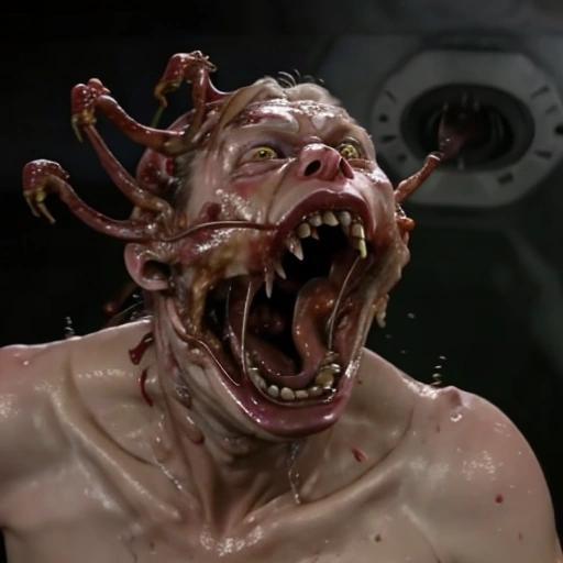 Image with seed 3178485457 generated via Stable Diffusion through @stablehorde@sigmoid.social. Prompt: elon musk being devoured alive by maggots. ###, cropped, out of focus, monochrome, symbol, text, logo, window frame, mirror frame