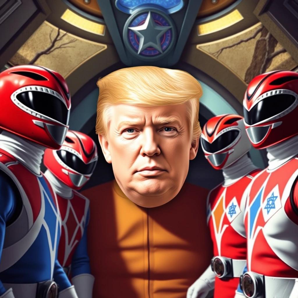 Image with seed 2898241236 generated via Stable Diffusion through @stablehorde@sigmoid.social. Prompt: the original Power Rangers in their hideout but it's Donald Trump's face instead of Zordon. Add Israeli flags next to him.