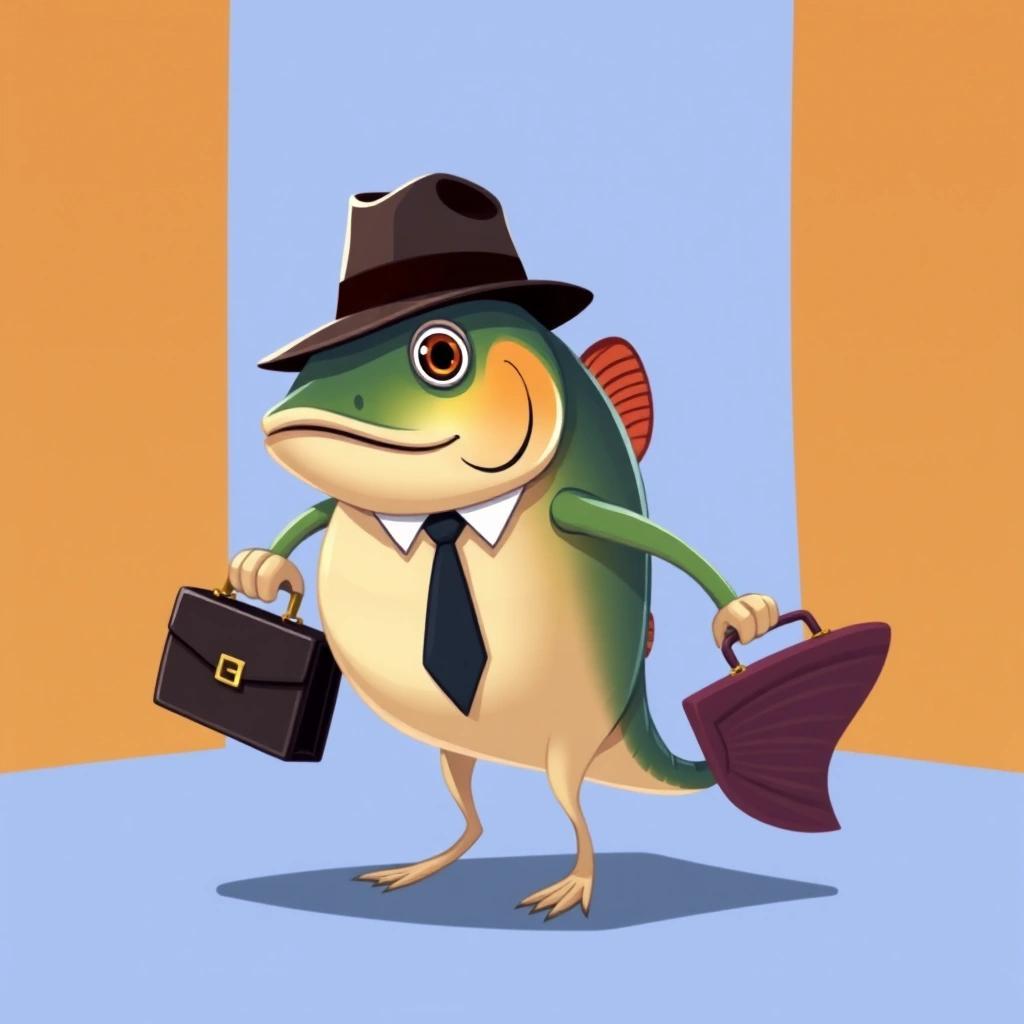 Image with seed 1993916385 generated via Stable Diffusion through @stablehorde@sigmoid.social. Prompt: an anthropomorphic fish holding a briefcase and wearing a fedora