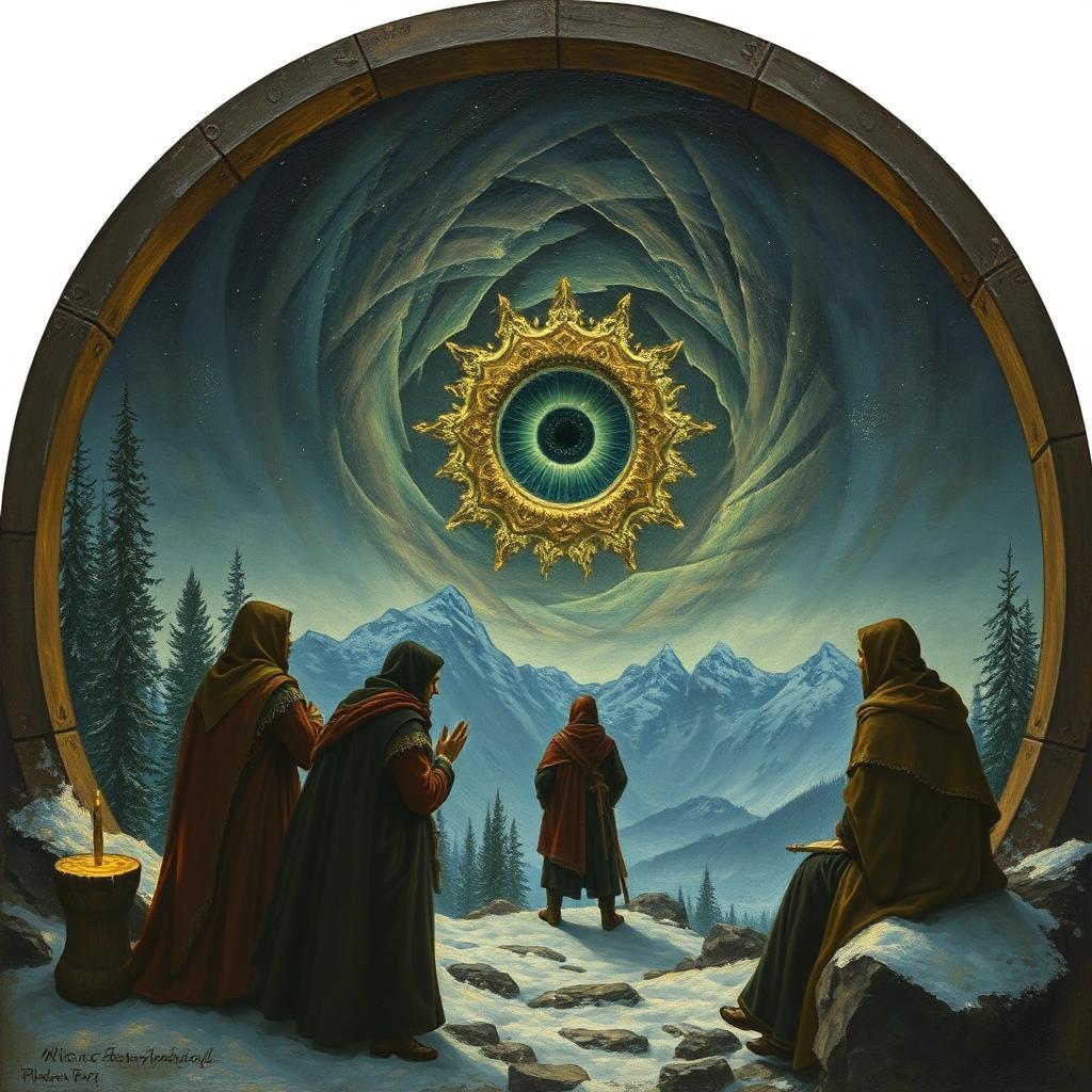 Image with seed 2954756134 generated via Stable Diffusion through @stablehorde@sigmoid.social. Prompt: the mages of Winterhold pondering the Eye of Magnus, Skyrim, renaissance painting