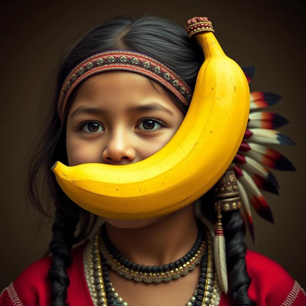 Image with seed 3718408577 generated via Stable Diffusion through @stablehorde@sigmoid.social. Prompt: a hyperrealistic photo of what it would look like if someone put a young girl, a banana and an indian into one person