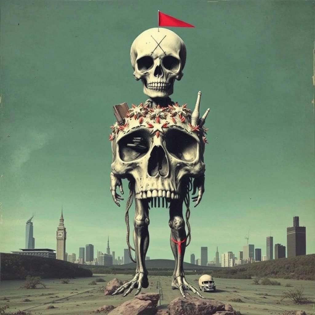 Image with seed 1165893128 generated via Stable Diffusion through @stablehorde@sigmoid.social. Prompt: Capitalism is a death cult. Economic growth is the cancer that is killing civilisation. mixed media, surrealism, dada, punk, anti-art, #elektrodada