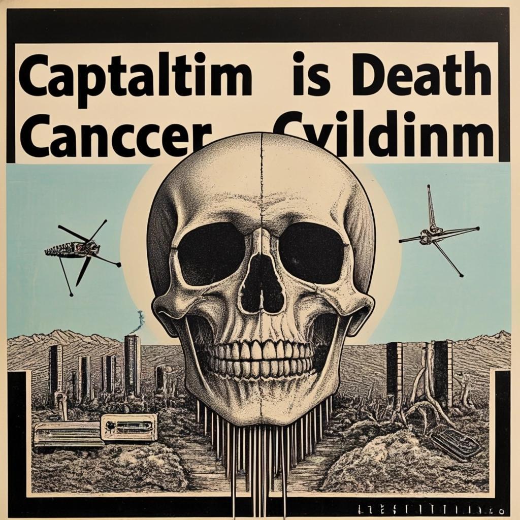 Image with seed 2777467671 generated via Stable Diffusion through @stablehorde@sigmoid.social. Prompt: Capitalism is a death cult. Economic growth is the cancer that is killing civilisation. mixed media, surrealism, dada, punk, anti-art, #elektrodada 