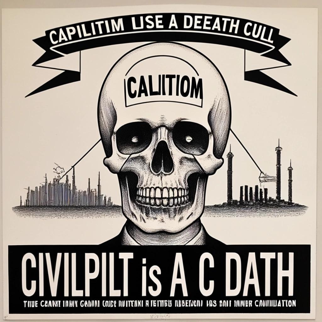 Image with seed 2777467671 generated via Stable Diffusion through @stablehorde@sigmoid.social. Prompt: Capitalism is a death cult. Economic growth is the cancer that is killing civilisation. mixed media, surrealism, dada, punk, anti-art, #elektrodada 