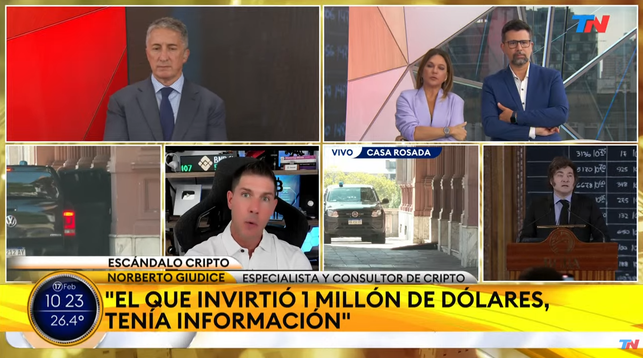 Screenshot from the Argentine network TN, the image include a person being interviewed, live views from the government house, and a picture of Milei. The subtitle is "The one who invested $1 million had information."