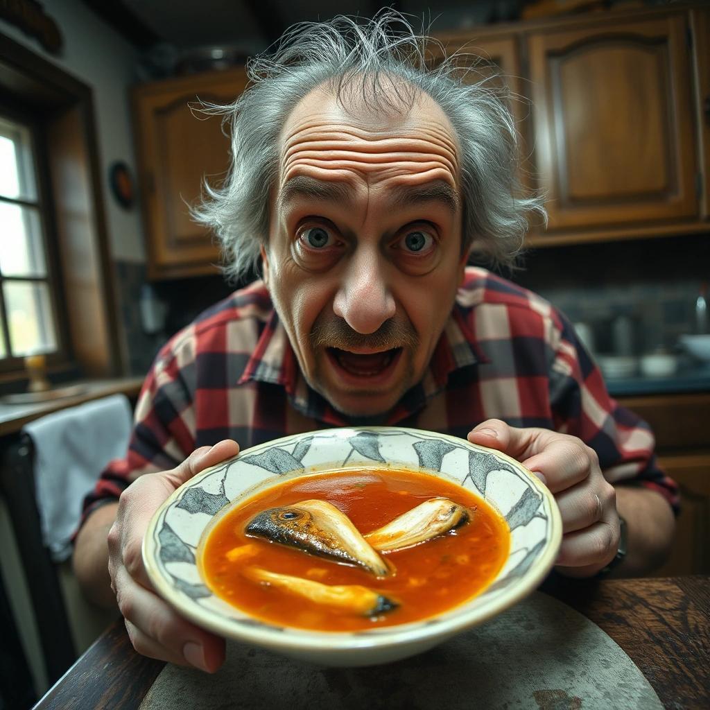 Image with seed 2832657552 generated via Stable Diffusion through @stablehorde@sigmoid.social. Prompt: an image of a crazy looking middleaged man eating a tasty soup in an old kitchen. The image is from the chest up and the soup plate is on a table. There are fishbones visible in the soup