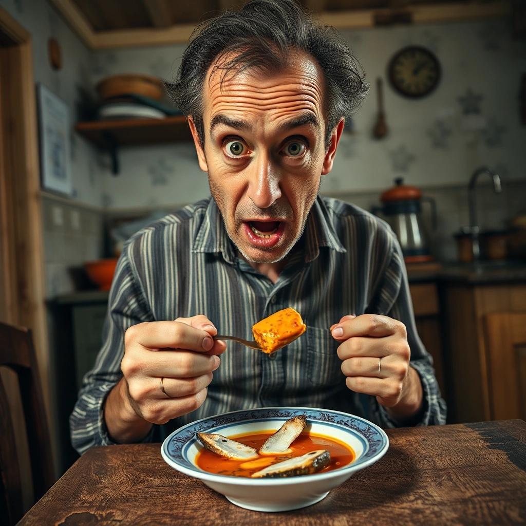 Image with seed 2832657552 generated via Stable Diffusion through @stablehorde@sigmoid.social. Prompt: an image of a crazy looking middleaged man eating a tasty soup in an old kitchen. The image is from the chest up and the soup plate is on a table. There are fishbones visible in the soup