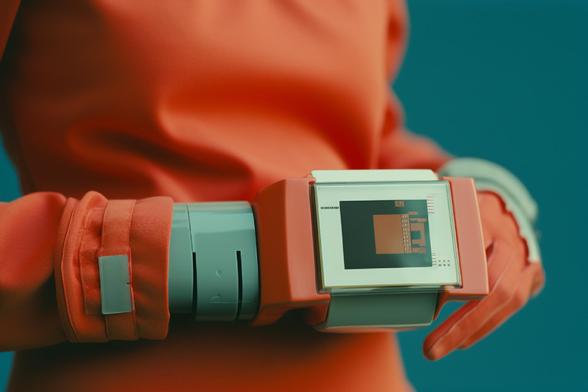 Close-up of a person wearing a bright orange outfit and a futuristic wrist device.