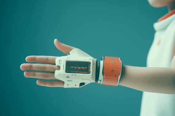 Futuristic white and orange wrist device on a person's forearm with an orange waveform on screen against a teal background.