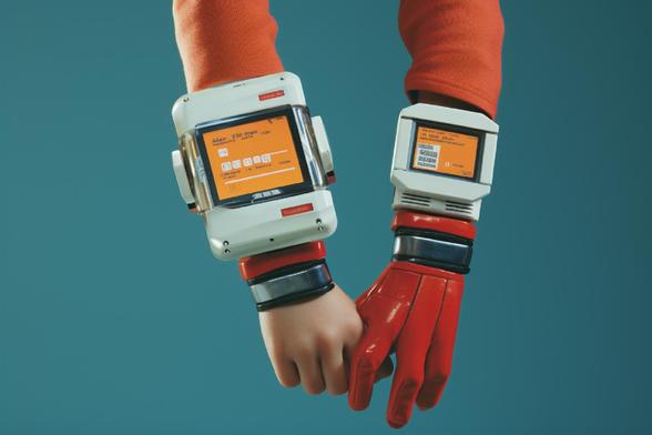 Two hands with large, retro-futuristic smart devices on wrists, both orange sleeved and one red gloved.